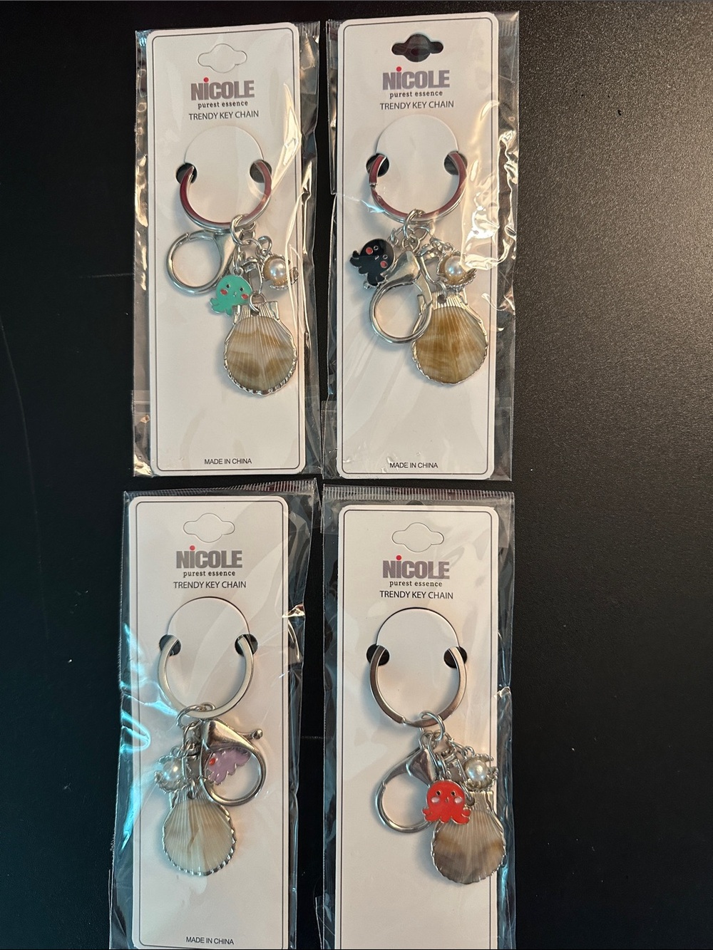 Set of 4 - Nicole Shell Charm Key Chain with Colorful Enamel Accents